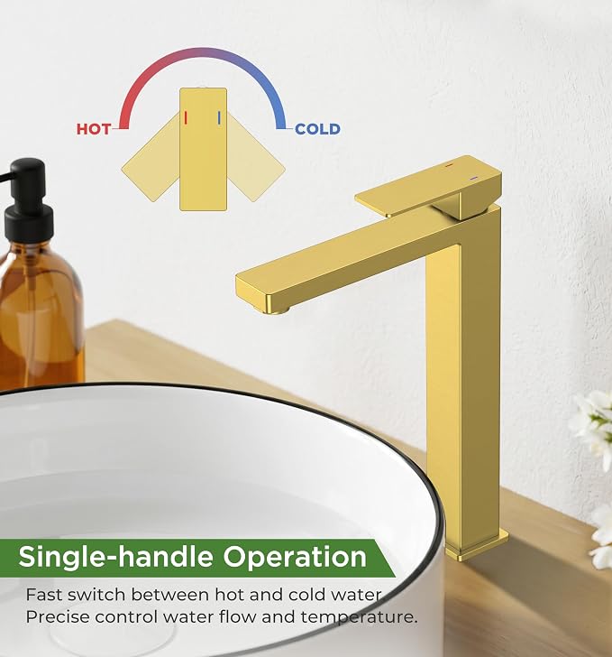 FORIOUS Vessel Sink Faucet Single Hole, Brushed Gold Tall Bathroom Faucets | Modern Tall Single Handle Space Saving Design, with Pop up Drain for Basin Bowl Vanity Lavatory Residential/Commercial Use
