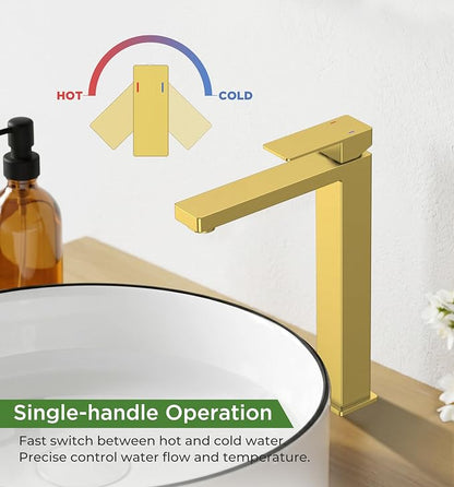 FORIOUS Vessel Sink Faucet Single Hole, Brushed Gold Tall Bathroom Faucets | Modern Tall Single Handle Space Saving Design, with Pop up Drain for Basin Bowl Vanity Lavatory Residential/Commercial Use