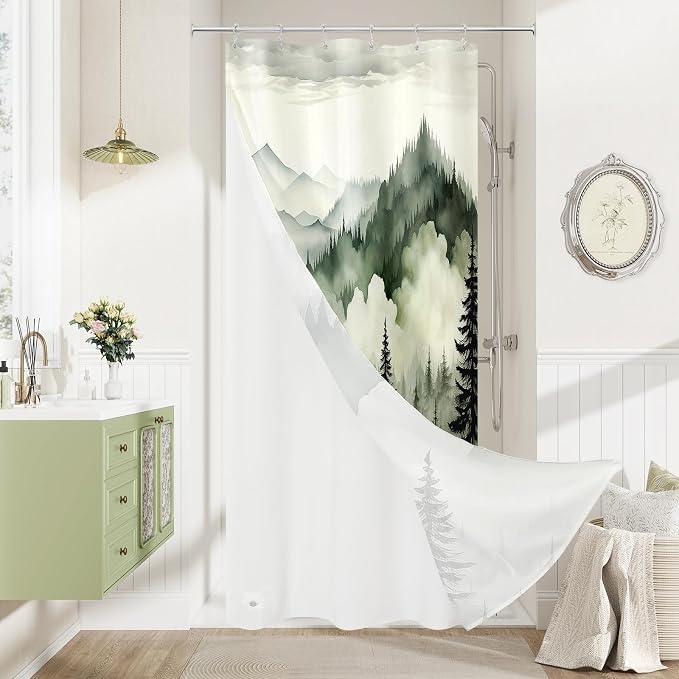 Litabel 3 in 1 Stall Half Size Dark Green Forest Shower Curtain Set-36 W x 72 H, Modern Spring Shower Curtain and Waterproof Fabric PEVA Liner Set with Stainless Steel Hooks