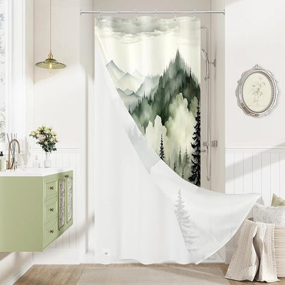 Litabel 3 in 1 Stall Half Size Dark Green Forest Shower Curtain Set-36 W x 72 H, Modern Spring Shower Curtain and Waterproof Fabric PEVA Liner Set with Stainless Steel Hooks