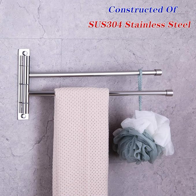 GERZWY Bath Towel Rack Hanger Towel Holder Organizer Bathroom Swing Arm Towel Bars 2-Arm Wall Mount Stainless Steel Polished Finish