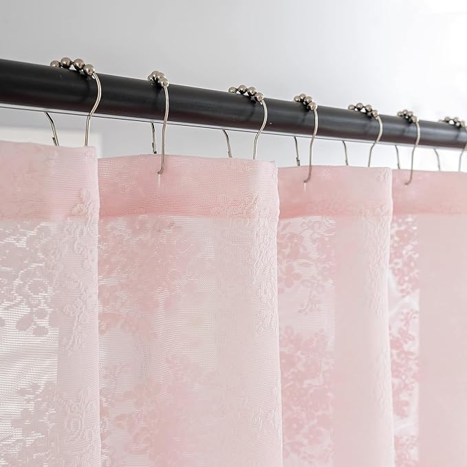 TUDECO Pink Lace Shower Curtain with Attached Valance, 72W x 84L Inch | Long Bathroom Curtain, Coquette Feminine Charm, Soft Color, Brightens Space, Scalloped Edges Reinforced Holes