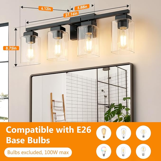 27” Bathroom Light Fixtures Over Mirror,4-Light Black Vanity Light | Square Clear Glass & Durable Metal, Quick & Easy Installation, Standard E26 Socket, Bright Bathroom Lighting