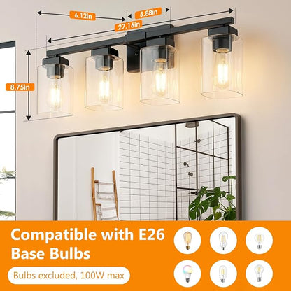 27” Bathroom Light Fixtures Over Mirror,4-Light Black Vanity Light | Square Clear Glass & Durable Metal, Quick & Easy Installation, Standard E26 Socket, Bright Bathroom Lighting