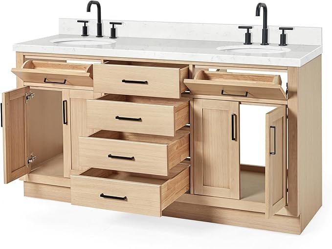 ARIEL Hepburn 66-inch Bathroom Vanity with Sink,Solid Wood, 1.5-inch Carrara White Quartz Countertop & Backsplash, Double Oval Porcelain Sink, 4 Soft Closing Doors, 6 Dovetail Drawers, White Oak