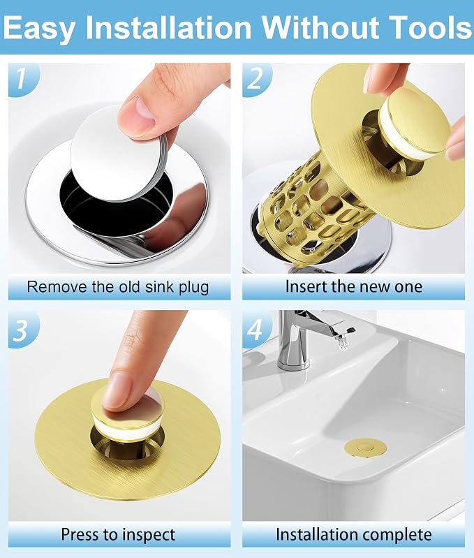 QYHNYJF Upgraded Bathroom Sink Stopper with Hair Catcher - Universal Pop-Up Drain Plug, Stainless Steel & Silicone Seal for 1.1-1.5 Inch Drains, Gold Matte Brushed Finish (Gold Matte Brushed)
