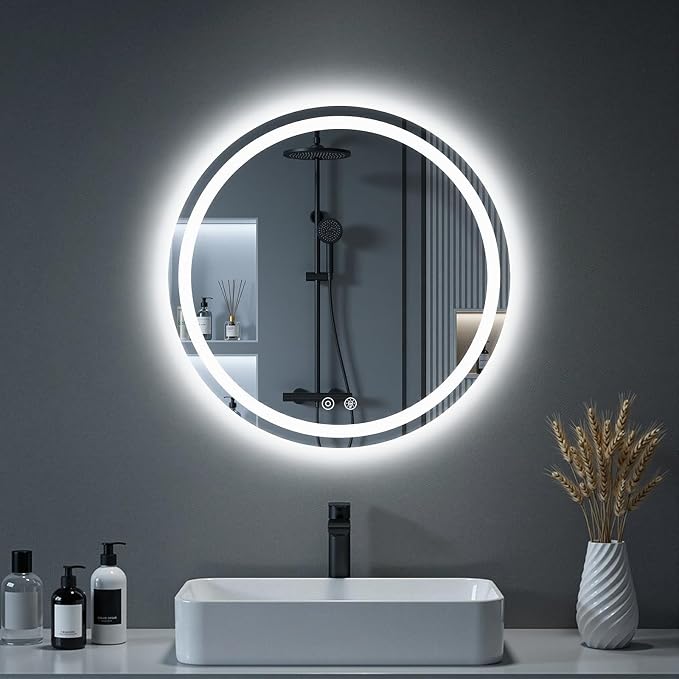 NEWBULIG 24'' Round LED Bathroom Mirror with Lights, Circle Vanity Mirror | Anti-Fog, Dimmable, 3-Color Light, Front Light and Backlit, Memory Function, Tempered Glass