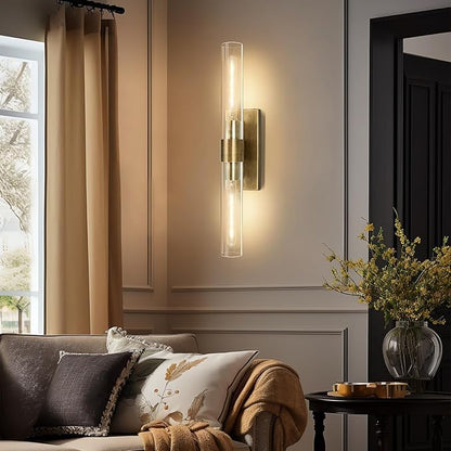 Wall Sconces, 22.8" Gold Bathroom Sconces Wall Lighting with Clear Glass, Modern Sconces Wall Decor Brass Light Fixtures for Bathroom Mirror Living Room Hallway Bedroom