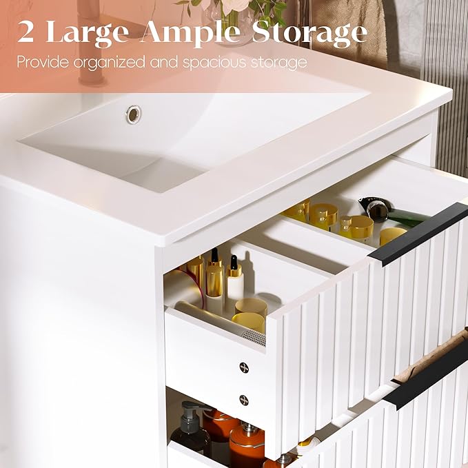 24" Bathroom Vanity with Sink, Floating Vanity Bathroom Sink Cabinet Wall Mount, Soft-Close Function 2 Large Drawers, Grooved Stripe Design, Hidden Damping Drawers, White