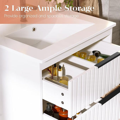 24" Bathroom Vanity with Sink, Floating Vanity Bathroom Sink Cabinet Wall Mount, Soft-Close Function 2 Large Drawers, Grooved Stripe Design, Hidden Damping Drawers, White