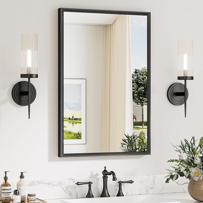 Keonjinn 20 x 30 Inch Black Bathroom Mirrors for Over Sink, Metal Framed | Beveled Rectangle Mirror for Wall, Tempered Glass, Farmhouse Style, Bathroom Vanity Mirror, Hangs Horizontally or Vertically