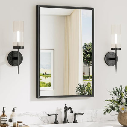 Keonjinn 20 x 30 Inch Black Bathroom Mirrors for Over Sink, Metal Framed | Beveled Rectangle Mirror for Wall, Tempered Glass, Farmhouse Style, Bathroom Vanity Mirror, Hangs Horizontally or Vertically