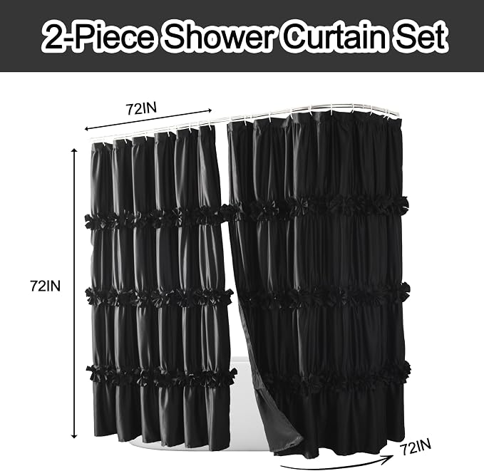 Homechoice Decor 2-Piece Black Satin Shower Curtain, 72x72 Inches (Pair) | Double Panels for Easy Access, Glossy Luxury Fabric, Modern Bathroom Décor, Machine Washable (LQ-44)