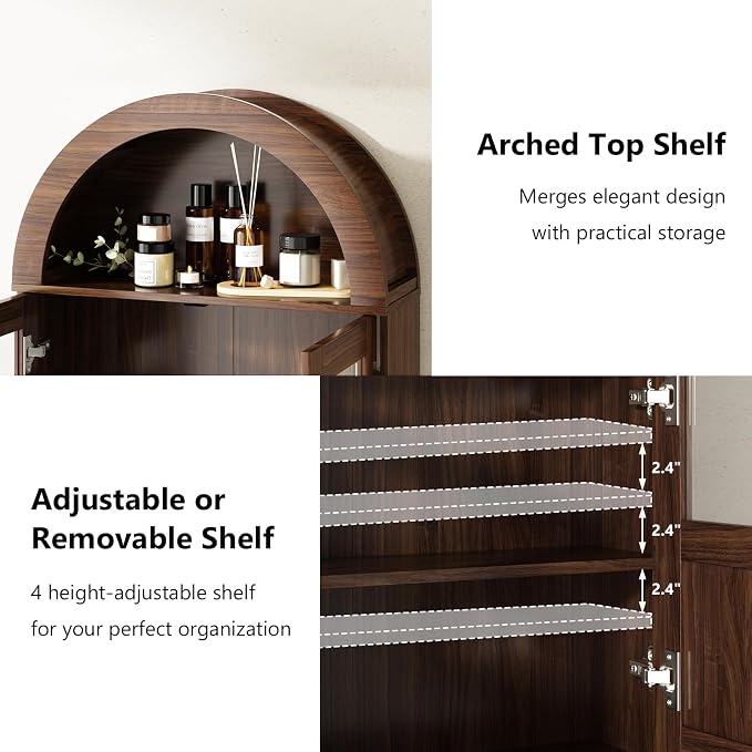 RUSTOWN Arched Bathroom Wall Cabinet with 2 Glass & Rattan Doors | Rattan Medicine Cabinet, Farmhouse Over the Toilet Storage Cabinet, Adjustable Shelves, 3-Tier Wall Mounted Cabinets