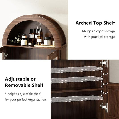 RUSTOWN Arched Bathroom Wall Cabinet with 2 Glass & Rattan Doors | Rattan Medicine Cabinet, Farmhouse Over the Toilet Storage Cabinet, Adjustable Shelves, 3-Tier Wall Mounted Cabinets