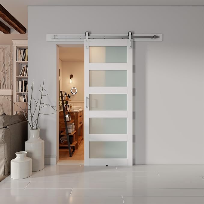 34'' x 84'' Glass Barn Door and 6FT Brushed Nickel Hardware Kit | MDF White Barn Door Slab with Frosted Glass, PVC Surface, Combined with Handle and Floor Guide-Assembly Required