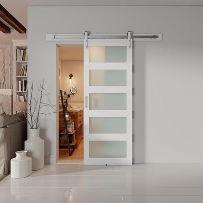 32'' x 84'' Glass Barn Door and 6FT Brushed Nickel Hardware Kit | MDF White Barn Door Slab with Frosted Glass, PVC Surface, Combined with Handle and Floor Guide-Assembly Required