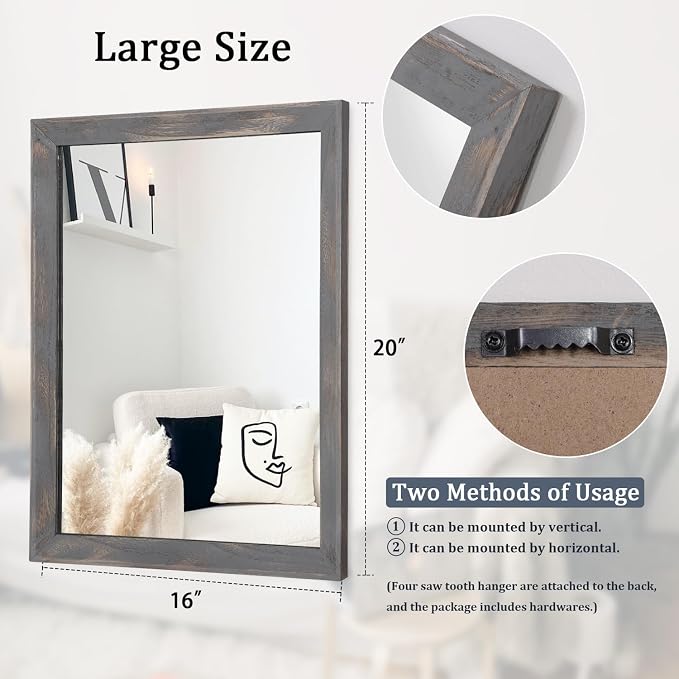 AAZZKANG Wooden Mirror Rectangle Rustic Mirrors for Wall Decorative for Bedroom Bathroom Living Room Entryway Hanging Home Decor 20"x16"