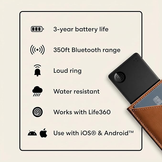 Life360 Tile Slim - Wallet Finder, Bluetooth Tracker and Item Locator for Luggage Tags, Passports and More. Both iOS and Android Compatible. Phone Finder. 1-Pack (Black)