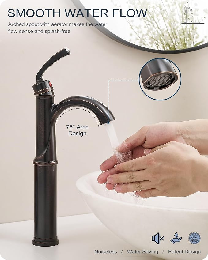 Brass Vessel Sink Faucet Oil Rubbed Bronze, 12.6 Inch Tall Bathroom Faucet 1 Hole, Single Handle with Pop Up Drain, cUPC Supply Line and Aerator for Farmhouse, Countertop Basin, 5 Mins Install