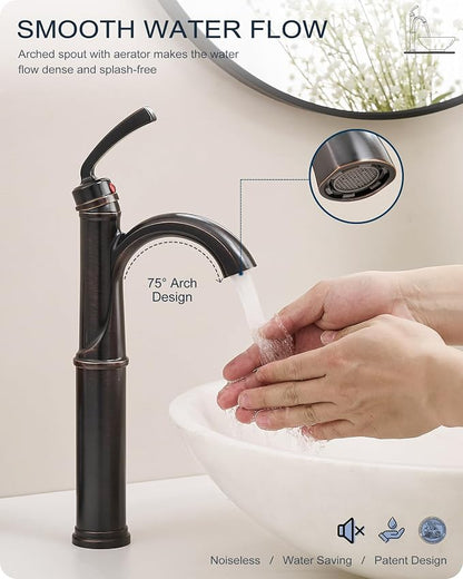 Brass Vessel Sink Faucet Oil Rubbed Bronze, 12.6 Inch Tall Bathroom Faucet 1 Hole, Single Handle with Pop Up Drain, cUPC Supply Line and Aerator for Farmhouse, Countertop Basin, 5 Mins Install