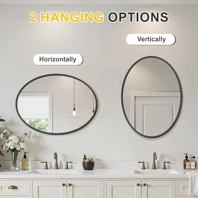 Black Oval Bathroom Mirror for Wall, 24"x32" Bathroom Vanity Mirror | HD Shatterproof Glass, Metal Framed, Oval Vanity Mirrors for Bathroom, Bedroom, Living Room, Entryway, Horizontal or Vertical