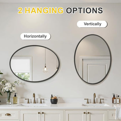 Black Oval Bathroom Mirror for Wall, 24"x32" Bathroom Vanity Mirror | HD Shatterproof Glass, Metal Framed, Oval Vanity Mirrors for Bathroom, Bedroom, Living Room, Entryway, Horizontal or Vertical