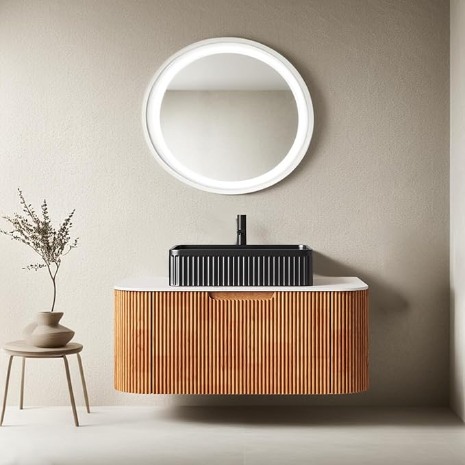 36" Floating Bathroom Vanity with Sink, Solid Wood Modern Bathroom Vanities with Black Rectangular Ceramic Basin and Marble Top, Soft-Close Drawer, Pre-Assembled, Natural Wood Woodgrain