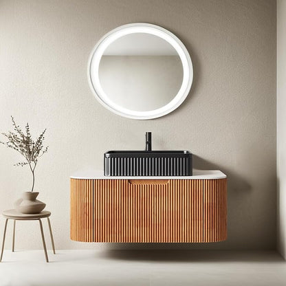 36" Floating Bathroom Vanity with Sink, Solid Wood Modern Bathroom Vanities with Black Rectangular Ceramic Basin and Marble Top, Soft-Close Drawer, Pre-Assembled, Natural Wood Woodgrain