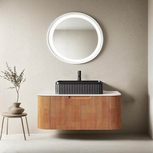 36" Floating Bathroom Vanity with Sink, Solid Wood Modern Bathroom Vanities with Black Rectangular Ceramic Basin and Marble Top, Soft-Close Drawer, Pre-Assembled, Natural Wood Woodgrain