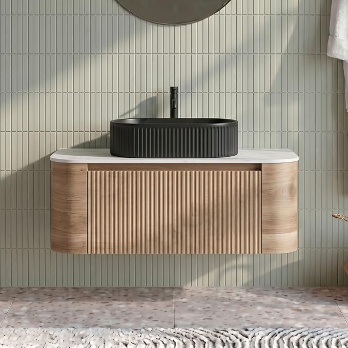 36" Preassembled Floating Bathroom Vanity with Black Sink, Oak | Mid-Century Modern Style, Fluted & Soft-Close Drawer with U-shaped Wall, Sinterted Stone Countertop, Towel Rack Included