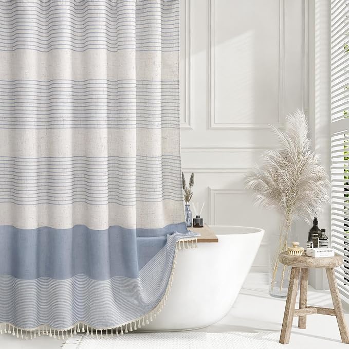Light Blue Coastal Ocean Linen Striped Shower Curtain with Tassel 72W X 72L | Boho Farmhouse Shower Curtains with Linen Texture for Bathroom Decor