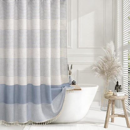 Light Blue Coastal Ocean Linen Striped Shower Curtain with Tassel 72W X 72L | Boho Farmhouse Shower Curtains with Linen Texture for Bathroom Decor