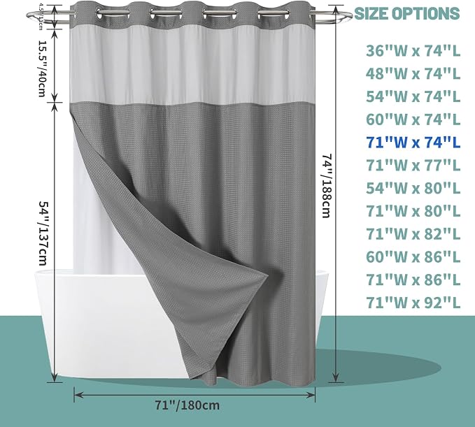 eachope No Hook Waffle Shower Curtain with Snap-in Liner, 71x74 Inch, Grey | 230 GSM waffle weave fabric, waterproof liner set with 2 bottom magnets, mesh top window, washable, for bathroom or hotel use