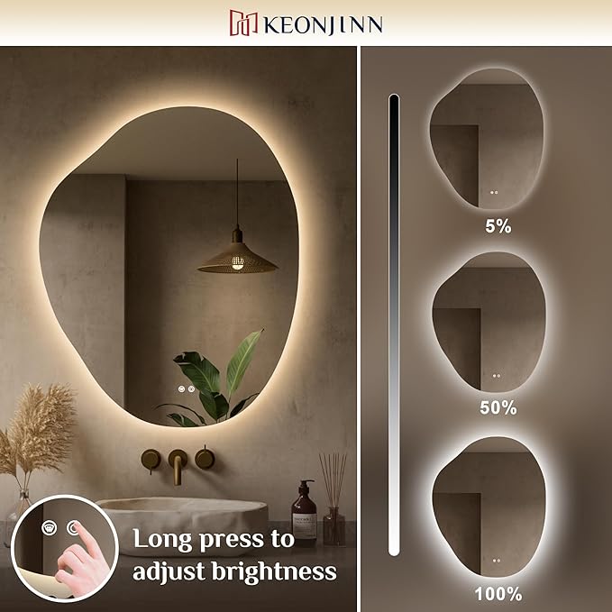 Keonjinn Asymmetrical Backlit Mirror 30x36 Inch, Irregular LED Bathroom Mirror, Lighted Bathroom Mirror with 3 Colors, Stepless Dimmable, Anti-Fog, Frameless Lighted Vanity Mirror(Horizontal/Vertical)