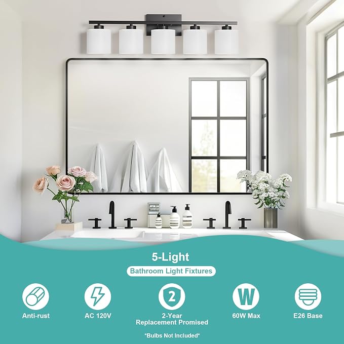 Honesorn Black Vanity Light, 5-Light Bathroom Light Fixtures, Frosted Shade | Matte Black Bathroom Vanity Light, Wall Sconces with Milky White Frosted Shades for Bedroom,E26 Socket(Bulbs Not Included)