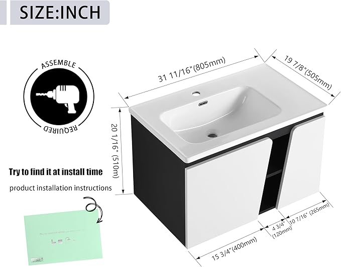 32 Inch Bathroom Vanity with Sink, 32" Floating Bathroom Vanity, Plywood Wooden Cabinet with Soft Close Doors, Modern Wall Mounted Cabinet Set, Ceramic Sink Included