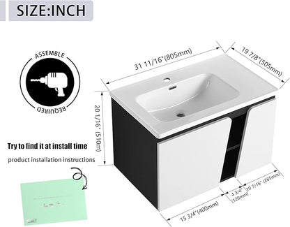 32 Inch Bathroom Vanity with Sink, 32" Floating Bathroom Vanity, Plywood Wooden Cabinet with Soft Close Doors, Modern Wall Mounted Cabinet Set, Ceramic Sink Included