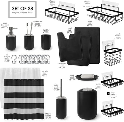 Clara Clark Bathroom Accessories Set - 28PC Bathroom Set with Adhesive Corner Shower Caddy Hanging, Bathroom Sets with Shower Curtain and Rugs, Black Shower Curtain Set with Bathroom Trash Can