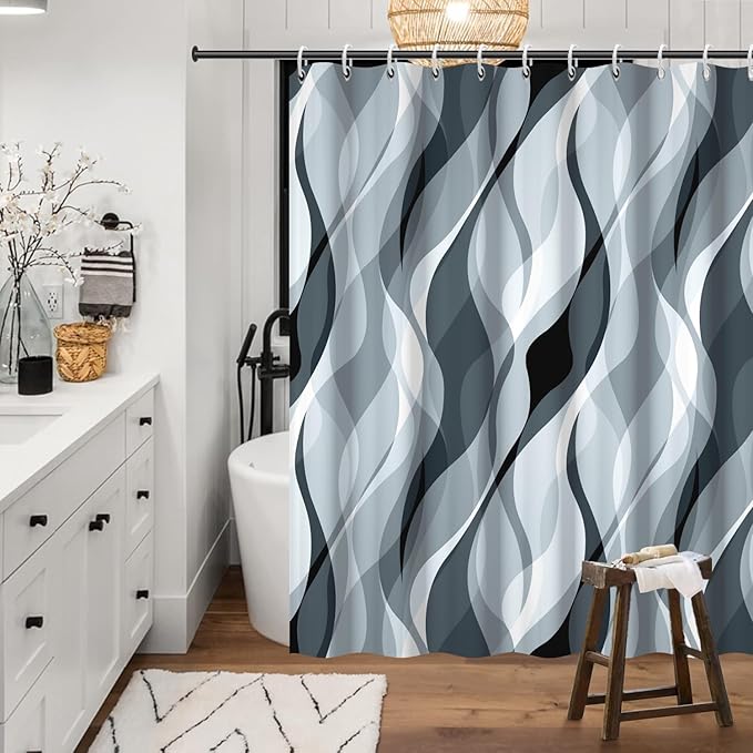 Blue Shower Curtain, Modern Abstract Blue and Grey Striped Shower Curtain Set for Bathroom Waterproof Polyester Shower Curtain with Hooks, 72x84 Inch