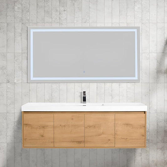 Blossom 60 Inch Bathroom Vanity with Sink, Wall Mounted Floating Bathroom Vanity Cabinet with Acrylic Sink, All Wood Soft Close Doors and Storage, Space Saving Design, Classic Oak Finish