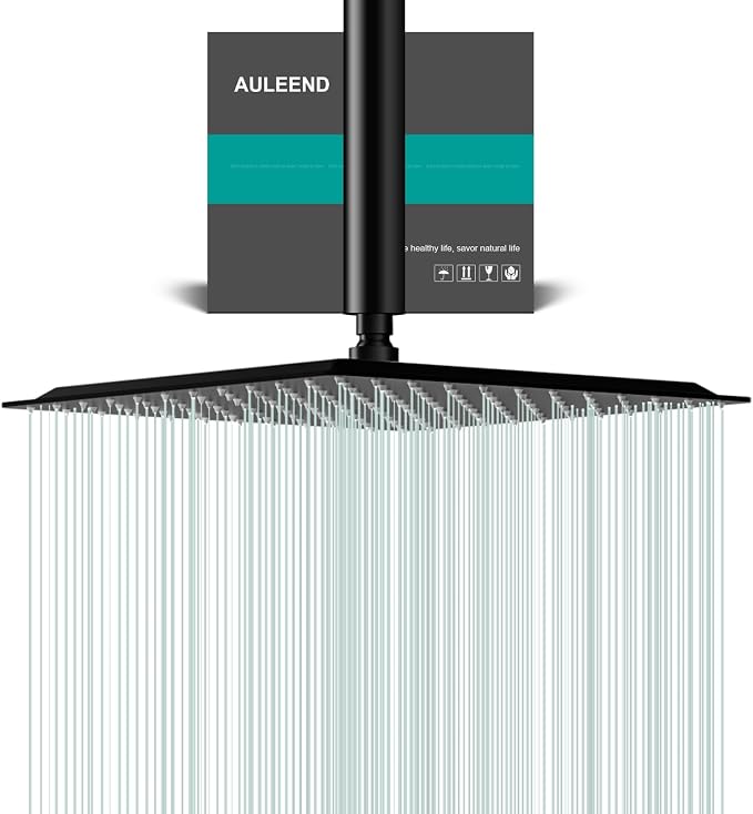 Square Rain Shower Head, High Flow Stainless Steel,Work with any decorative style，All Metal Rainfall Shower Head (Matte Black, 12)
