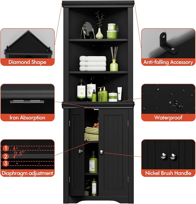 YESHOMY Corner Cabinet, Storage Cupboard with Doors, Black | Tall Storage Cabinet with Adjustable Shelves, for Living Room, Bathroom, Kitchen