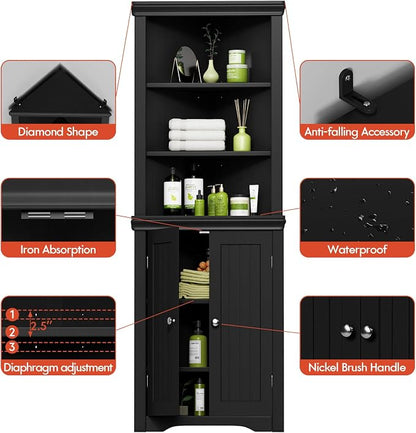 YESHOMY Corner Cabinet, Storage Cupboard with Doors, Black | Tall Storage Cabinet with Adjustable Shelves, for Living Room, Bathroom, Kitchen