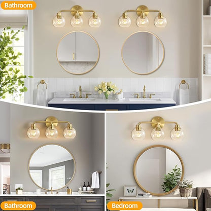 Bathroom Light Fixtures Gold Vanity Light 3 Light Wall Sconces Lighting Brushed Brass Lights with Clear Globe Glass Shades Bath Wall Lamp for Mirror Kitchen Living Room Bedroom Hallway