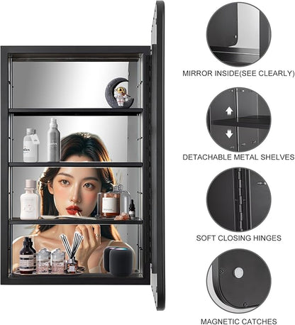 Black Bathroom Medicine Cabinet with Mirror 21 x 34 Metal Frame Recessed Or Wall Mounted Single Door Storage Medicine Cabinets with Adjustable Shelves Rounded Corner Beveled Mirrors