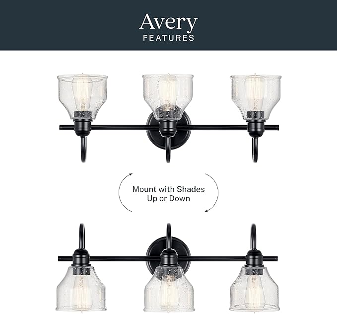 Kichler Avery 24" 3-Light Bathroom Vanity Light in Black with Clear Seeded Glass for Bathroom and Powder Room Vanity, Industrial Styling, (24" W x 9.5" H x 8.25" Ext.), 45973BK