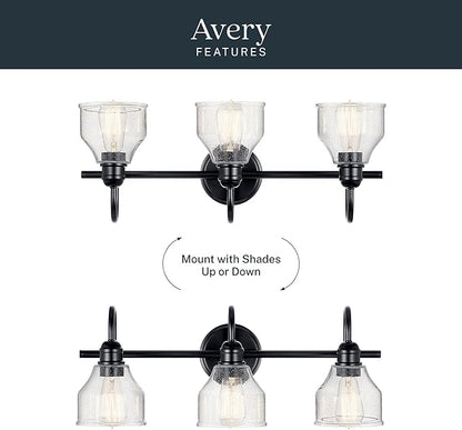 Kichler Avery 24" 3-Light Bathroom Vanity Light in Black with Clear Seeded Glass for Bathroom and Powder Room Vanity, Industrial Styling, (24" W x 9.5" H x 8.25" Ext.), 45973BK