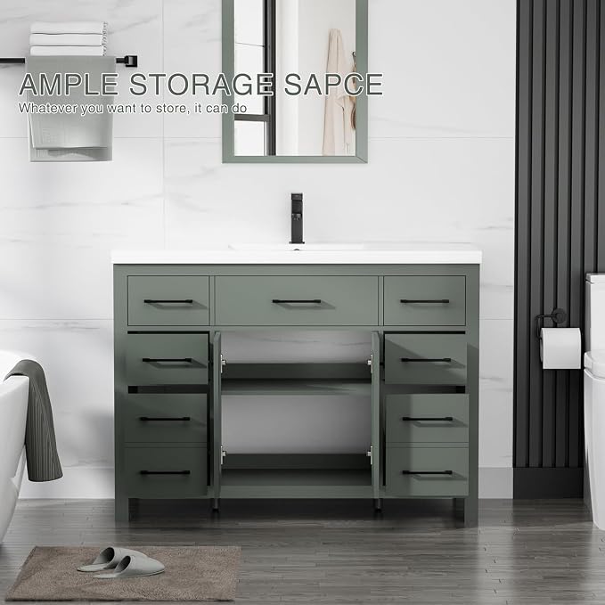 LUCKWIND 48" Modern Bathroom Vanity with Sink Combo, Contemporary Painted Storage Cabinet and Single White Sink, Include Soft-Closing Doors & Matte Black Faucet, Green