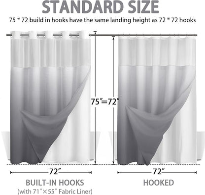 No Hook Shower Curtain with Liner Set Hotel Waffle Ombre Grey 72W X 75L | Washable Snap in Fabric Liner, Mesh Top Window, Waffle Hotel Style Shower Curtain Set